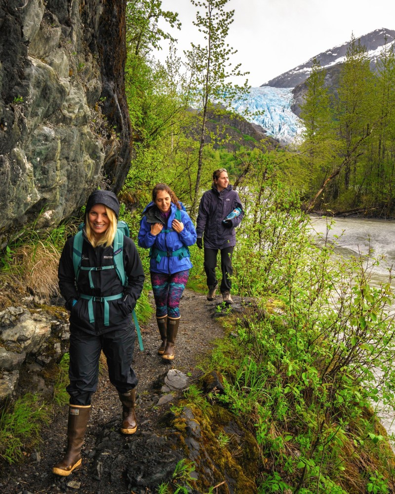 trekkers walking through wilderness